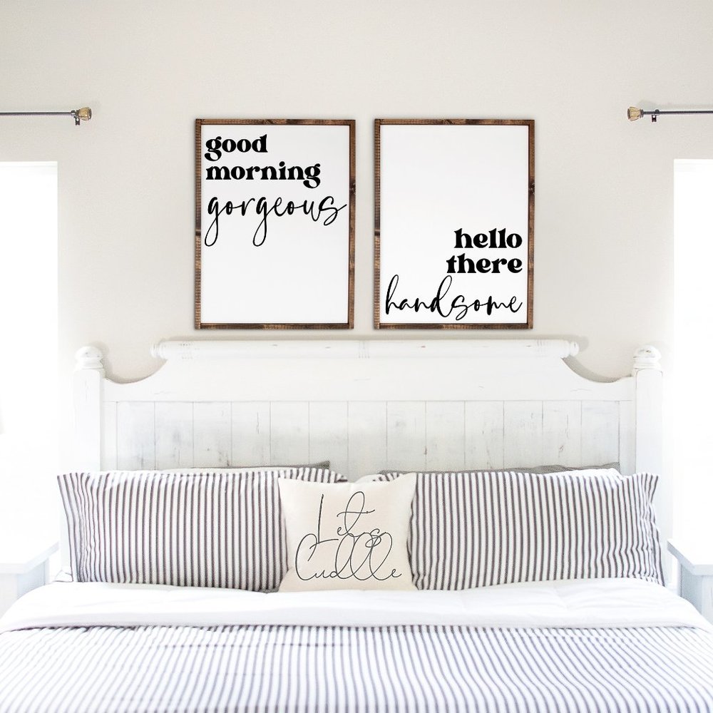 Good Morning Gorgeous Hello There Handsome Framed Canvas Signs | Bedroom Decor